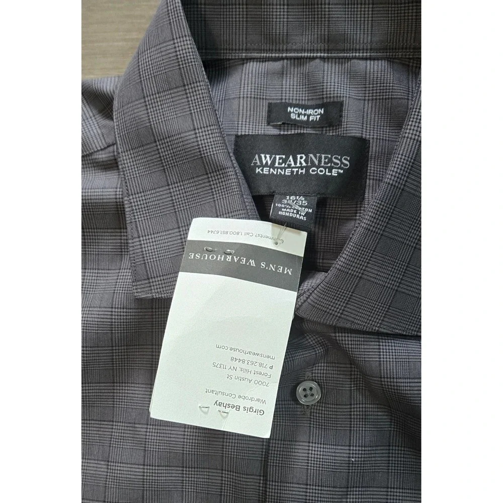 Kenneth Cole Awearness Men's Shirt 16.5 34/35 Gray Check Button Up SLIM FIT NWT